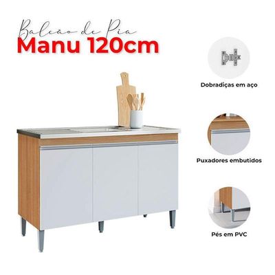 Balcão De Pia Manu 120cm E Armário Aéreo Andréia Amêndoa Branco - Ajl