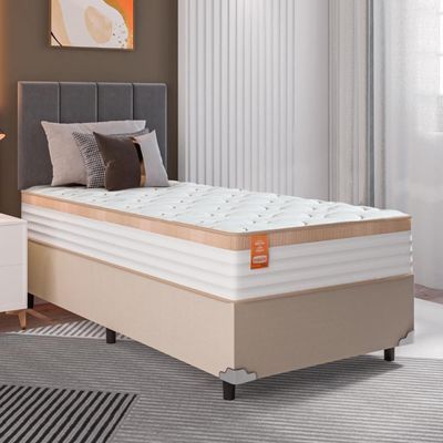 Cama Box Solteiro Colchão Molas Ensacadas 88x188x65cm Branco/Bege - Suporta Até 130kg Branco Nature