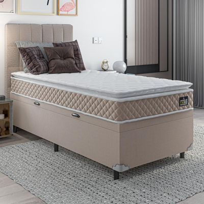 Cama Box Baú Solteiro Colchão D45 Com Pillow Top Hellen Strong Bege 88x188x65cm Bege