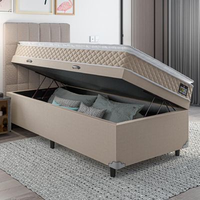 Cama Box Baú Solteiro Colchão D45 Com Pillow Top Hellen Strong Bege 88x188x65cm Bege