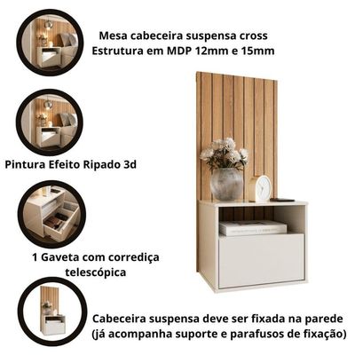 Mesa De Cabeceira Suspensa Com Efeito Ripado Cross Freijó - Movelove