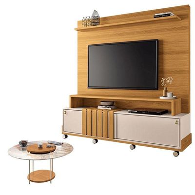 Estante Home Theater Bold Off White Cinamomo E Mesa De Centro Sky Com Tampo De Vidro Cinamomo - Hb Móveis