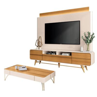 Estante Home Theater Nobre E Mesa De Centro Cadenza Off White Cinamomo - Hb Móveis