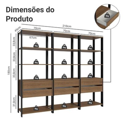 Estante Armário Multiuso Para Livros 6 Gavetas 12 Prateleiras 210cm Madesa Rustic Preto