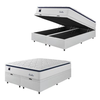 Cama Box Baú Casal Queen Colchão Molas Ensacadas Com Pillow Sevilha 158x198x74cm Branco/cinza Hellen