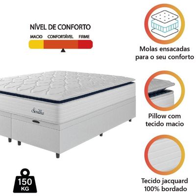 Cama Box Baú Casal Queen Colchão Molas Ensacadas Com Pillow Sevilha 158x198x74cm Branco/cinza Hellen