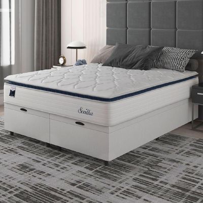 Cama Box Baú Casal Queen Colchão Molas Ensacadas Com Pillow Sevilha 158x198x74cm Branco/cinza Hellen