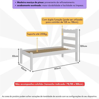 Cama De Solteiro Madeira Maciça Para Colchão 78-88x188cm Multimóveis Branco