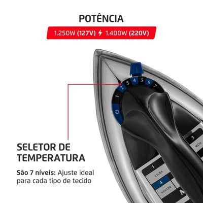 Ferro a Seco Mondial Preto e Cromado 1400W FS-01-BI 127V