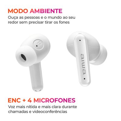 Fone de Ouvido Eardbud AIWA AWS-EB-04-W Bluetooth IPX4 ANC 26 Horas de bateria BIV