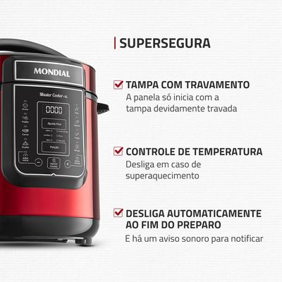 Panela de Pressão Elétrica Digital 6L, Mondial, Vermelho e Inox - PE-60-6L-RI 220V
