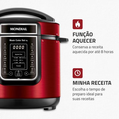 Panela de Pressão Elétrica Digital 6L, Mondial, Vermelho e Inox - PE-60-6L-RI 220V
