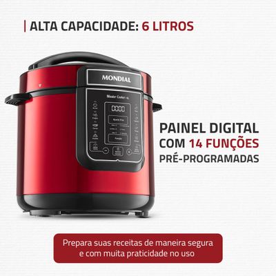 Panela de Pressão Elétrica Digital 6L, Mondial, Vermelho e Inox - PE-60-6L-RI 220V
