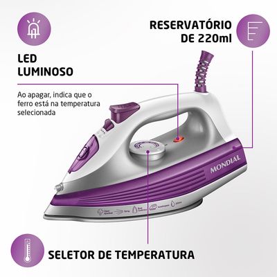 Ferro a Vapor Mondial Branco e Roxo 1200W FVN-01-P 110
