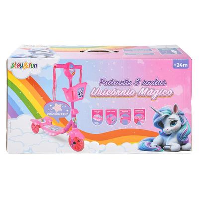 Patinete 3 Rodas com Cesta Unicórnio Mágico Play&Fun Rosa