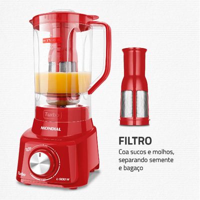 Liquidificador com Filtro 900W 2.7L Mondial Turbo L-900 FR 5 Velocidades Vermelho 127V 220V