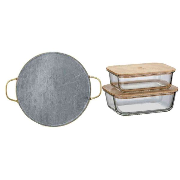 Kit Pedra para Pizza de Pedra Sabão com Alças de Cobre + Potes Herméticos Refratários com Tampa de Bambu Electrolux Não se aplica