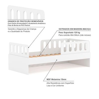 Cama Solteiro Mdf Branco Com 02 Grades E Cabeceira Anatômica Mobilistore