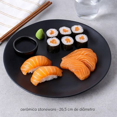Kit 24 Pratos Cerâmica Stoneware 26,5cm Sushi Sashimi Preto Fosco Servir Restaurantes