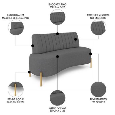 Sofá 2 Lugares 135cm Pés Aço Dourado Tamar Boucle Grafite Z08 - Mpozenato