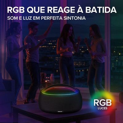 Caixa de Som Portátil RCA BT 90W IPX5 Luzes LED RGB Potente Design Minimalista Elegante FR316