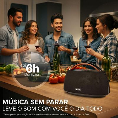 Caixa de Som Portátil RCA BT 90W IPX5 Luzes LED RGB Potente Design Minimalista Elegante FR316
