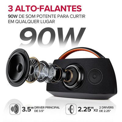 Caixa de Som Portátil RCA BT 90W IPX5 Luzes LED RGB Potente Design Minimalista Elegante FR316