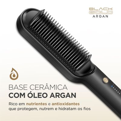Escova Alisadora Black Gold Argan Mondial Preto e Champagne EA-06 BIV