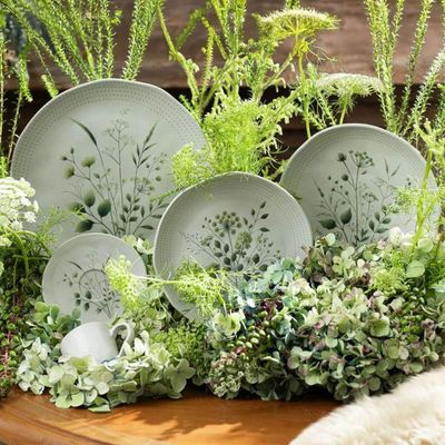 Jogo 12 Pratos Rasos Ammi Orgânico Cerâmica Floral 26,5cm Porto Brasil Mesa Posta