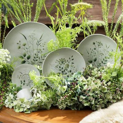 Jogo 12 Pratos de Sobremesa Ammi Orgânico Cerâmica 19,5cm Floral Porto Brasil