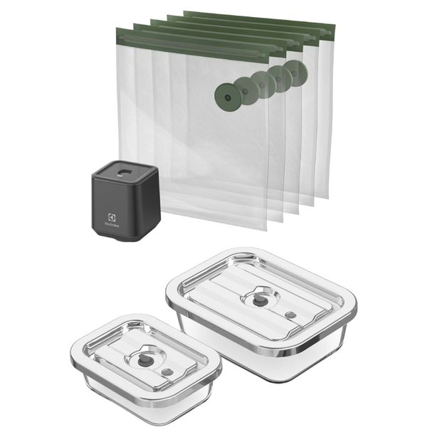 Kit Seladora a Vácuo Portátil com 5 Sacos Herméticos + Potes Herméticos de Vidro para Fechamento a Vácuo 02 Unidades Electrolux Kit Seladora a Vácuo Portátil com 5 Sacos Herméticos + Potes Herméticos de Vidro para Fechamento a Vácuo 02 Unidades Electrolux