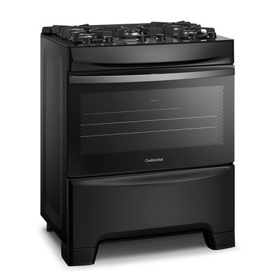 Fogão 5 Bocas Continental Preto Mesa de Vidro, Forno Eco Turbo e Tripla Chama (FC5GB) Bivolt