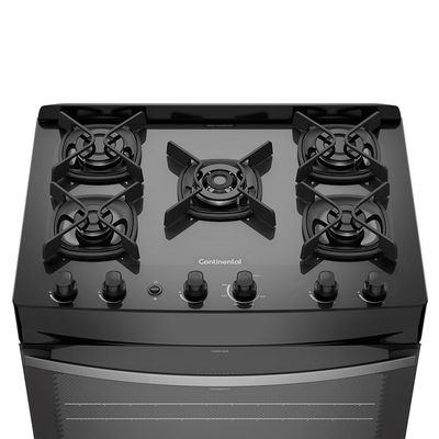Fogão 5 Bocas Continental Preto Mesa de Vidro, Forno Eco Turbo e Tripla Chama (FC5GB) Bivolt