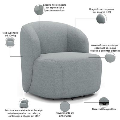 Poltrona Giratória Orgânica Para Sala Living Heidy F04 Linho Cinza - Lyam Decor