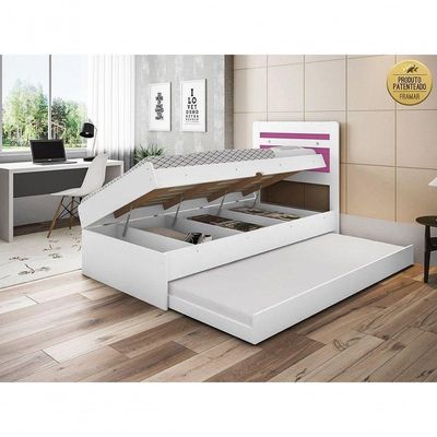 Cama Baú 0,88 Larissa Com Auxiliar Em Mdf Framar Branco Rosa