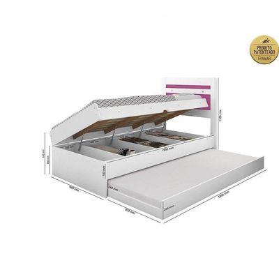 Cama Baú 0,88 Larissa Com Auxiliar Em Mdf Framar Branco Rosa