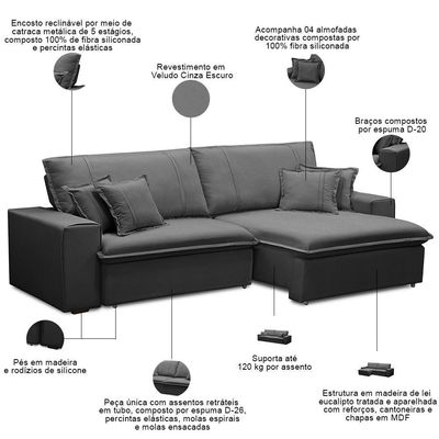 Sofá Retrátil Reclinável Para Sala 3 Lugares 210cm Varsov F04 Veludo Cinza Escuro - Lyam Decor