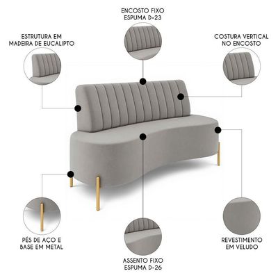 Sofá 2 Lugares 160cm Pés Aço Dourado Tamar Veludo Cinza Z08 - Mpozenato