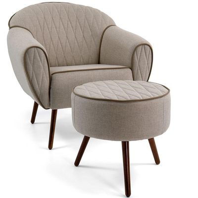 Poltrona Decorativa Com Puff Sala De Estar Pés Palito