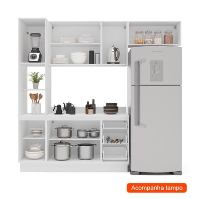 Cozinha Completa com Tampo e Rodapé Meena 8 Portas 3 Gavetas Creme e Branca