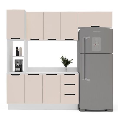 Cozinha Completa com Tampo e Rodapé Meena 8 Portas 3 Gavetas Creme e Branca