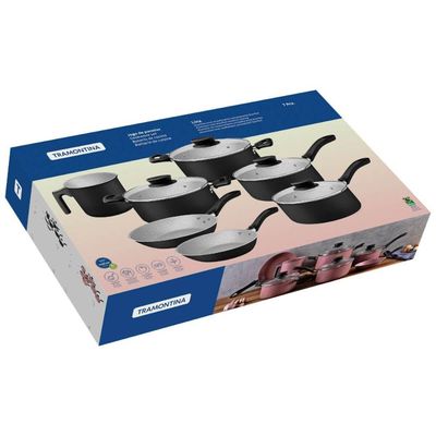 Jogo de 7 Panelas Tramontina Antiaderente Tampa Vidro Starflon Max Preto Linz