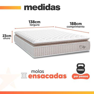 Cama Box Baú Colchão Casal Molas Ensacadas City Pillow Top 138x64cm Branco/Bege Hellen