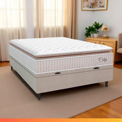 Cama Box Baú Colchão Casal Molas Ensacadas City Pillow Top 138x64cm Branco/Bege Hellen