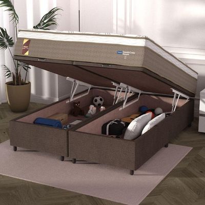 Cama Box Baú Casal Queen Colchão Molas Suede Marrom/Branco