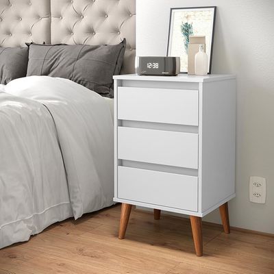 Mesa De Cabeceira Wood - Mdp 3 Gavetas Pés Madeira Maciça Branco - Ej Móveis