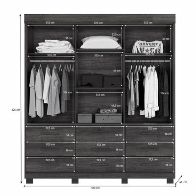Guarda Roupa Liverpool 3 Portas 9 Gavetas 4 Prateleiras Cinamomo-cinamomo Off