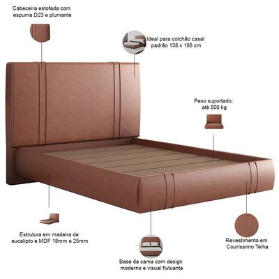 Cama Casal Flutuante Com Cabeceira 140cm Astra S04 Couríssimo Telha - Lyam Decor