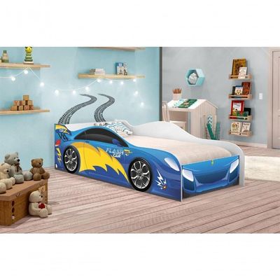 Cama Carro Menino Azul Solteiro Com Colchão