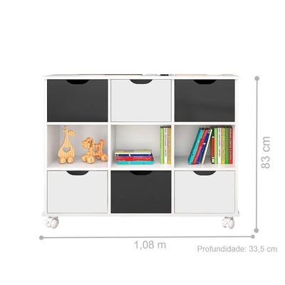 Conjunto Nicho Organizador Zuri 9 Espaços Com Rodízios Branco + Kit 3 Gavetas Brancas + Kit 3 Gavetas Pretas
